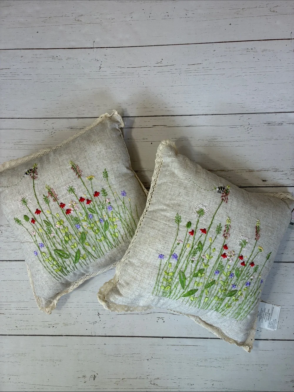 Set of 2 Ashland Embroidered Wildflower Floral Pillows with Crochet Trim, NWT